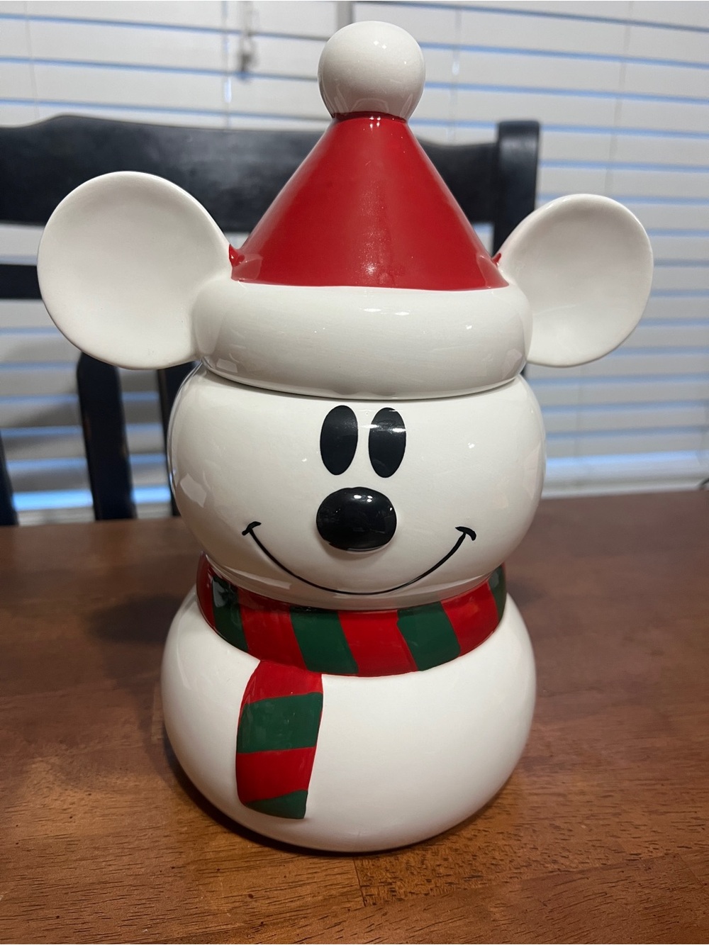 Festive Red & Green Snowman Cookie Jar - Holiday Mickey Mouse Design